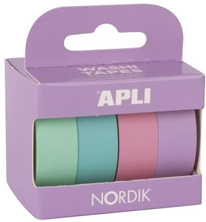 APLI - 18816 - Pack cintas adhesivas decorativas- papel tipo WASHI TAPE - colores pastel- 4 rollos- Cintas de 15 mm x 10 m