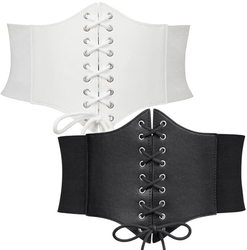 WERFORU 2 Stücke Frauen Tied Waspie Gürtel, Breiter Schnürgürtel für Damen, Korsett elastische Taille Gürtel für Halloween Party