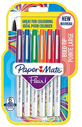 Paper Mate Flair Felt Tip Pens | Bold Point (1.2mm) | Assorted Colours | 6 Count