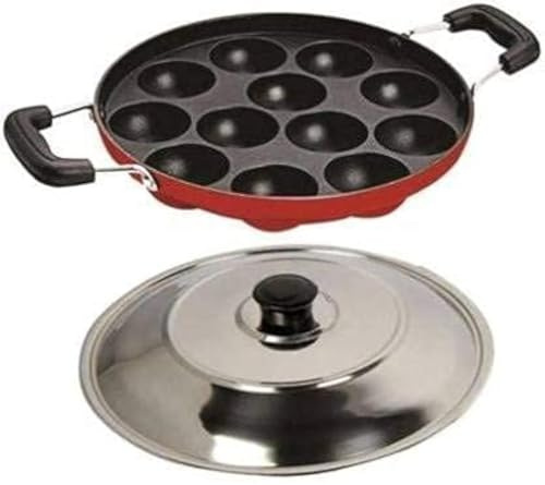 Jagmor Antihaftbeschichtete Appam Pfanne, Takoyaki Maker Pan, (12 Mulden) für die Herstellung von Litti, Paniyaram, Gunta Ponganalu, Small Idli, Paddu Maker, Appa Kara, Rot