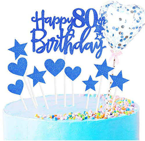 11pcs Royal Blue Happy 80th Birthday Cake Toppers,Personalised Cake Topper for Man&Woman,80th Birthday Cake Decorations Glitter Cupcake Toppers Cake Toppers Kits 5 Star 4 Heart with Balloon