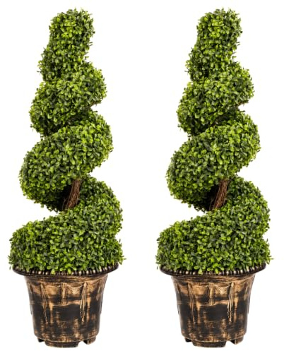BPIL 4FT Artificial Topiary Trees – Decorative Spiral Peanut Trees in Pot – Indoor Outdoor UV Protected, Green Fake Plants for Home and Office Decoration