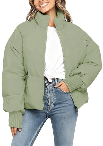 UANEO Womens Casual Padded Full Zip Stand Collar Long Sleeve Puffer Jackets (Green-S)
