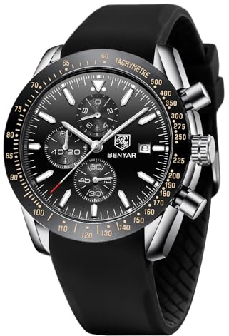 BENYAR Orologio da Uomo Cronografo Analogico al Quarzo, Cinturino in Pelle/Acciaio/Silicone, Stile Business Sport Casual, Impermeabile, Antigraffio, Regalo Elegante per Uomo