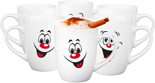 Glasmark Krosno Kaffeebecher Weiß Mit Henkel Becher Keramik Keramikbecher Set 6-teilig Coffee Mug Cup Teebecher Lustige Smileys 300 ml