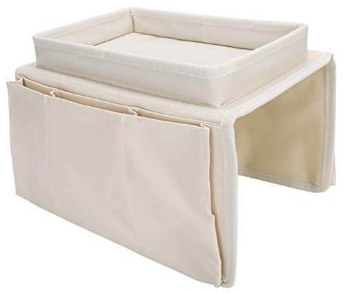 CHEOTIME Organizador De Reposabrazos De Sofá, Portavasos De Sofá 4 Bolsillos Sofá Sillón Caddy TV Control Remoto Organizador Sillón Bolsa De Sofá con Bandeja De Portavasos(Beige)