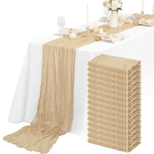 Teruntrue Käsetuch Tischläufer 15 Stück Beige Seihtuch Tischläufer Hellbraun Transluzent Tüll Tischdecke 55x400cm, Rustikaler Gaze-Stoff Boho-Tischläufer für Hochzeitsfeier Brautparty Tischdekoration