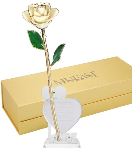 MUEAST Gold Dipped Infinity Rose Last Forever Eternity Gold Rose Flower 24k Gold Dipped Rose and Romantic Gift for her Rose(White Rose with Stand)