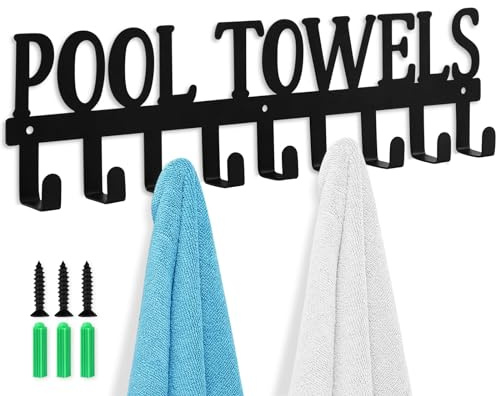Pool Towels Hook Metal Towel Hanger Outdoor Hot Tub Towel Rack Wall Mount 9 Hook Holder for Bath Towel Robe Swimsuit Coat Beach Towel Bag Keys
