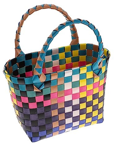 FELTECHELECTR Woven Shopping Basket with Handle Small Portable Picnic Tote Bag for Fruit Snacks and Home Storage Pvc Material Rustic Style