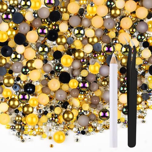 ASTARON 50g Mezcla Flatback Rhinestones Mitad Perlas para Manualidades Tamaño Mezcla 3mm-10mm Flat Back Rhinestones para Vasos Tazas Nail Art Zapatos (Gold-Schwarz-Serie)