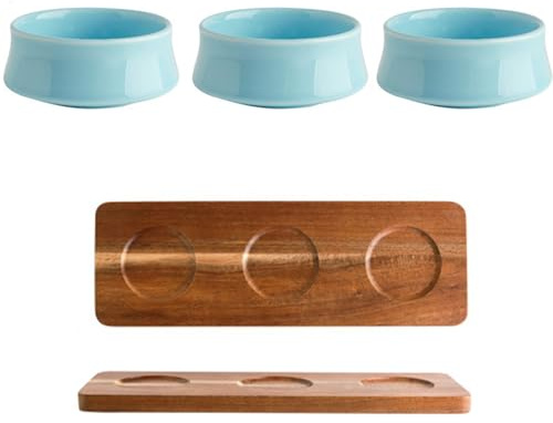 Dxcaicc Lot de 3 Plateaux de Service pour Chips et trempettes en céramique avec Plateau en Bois, Mini soucoupes de Service, Plats à tremper pour Condiments, Plats d'accompagnement, Desserts,Bleu