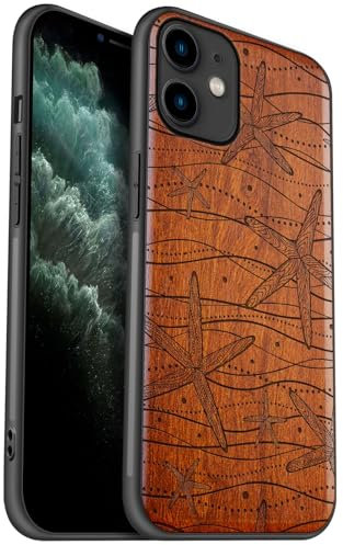 Carveit Coque en Bois pour iPhone 11 Étui Protection Artistique Cover TPU Souple de téléphone Antichoc Compatible avec Apple 11 Etui (Rosé-Tapisserie des étoiles de mer)