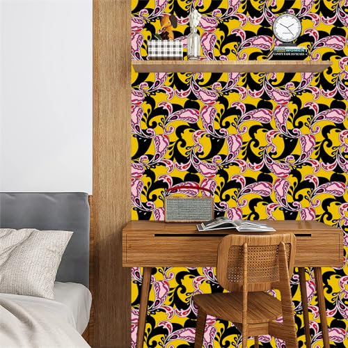 Selbstklebende Tapete Gelb Rosa Schwarz Strukturtapete Wandtattoo Schlafzimmer Tapete Selbstklebend Vliestapete Wallpaper for Living Room Tapeten Leicht zu Entfernen Wandschutzfolie 45x600cm