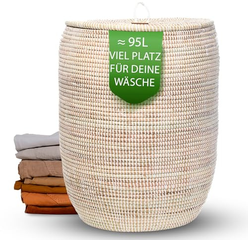 YAADU Wäschekorb mit Deckel 95L – Großer Wäschesammler mit Deckel, Geflochtene Wäschetonne, Boho Wäschekorb mit Henkeln, Wäschebehälter für Schmutzwäsche, Modell Neo (Weiß/Flach)