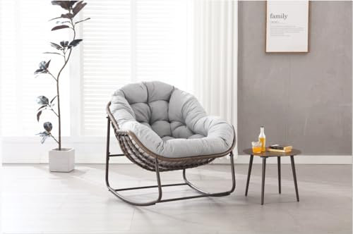 MOBETTRES Outdoor Rocking Chair, Patio Oversized Wicker Egg Rocking Chair, Indoor & Outdoor Comfy Rocker Chair with Thick Cushion, Modern Lounge Chair for Balcony, Front Porch, Garden, Backyard