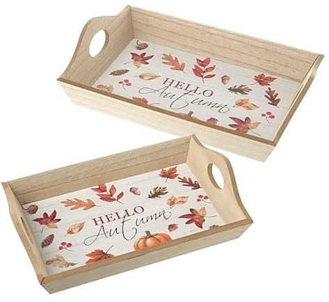 Heaven Sends Hello Autumn Set of 2 Wooden Trays - 30cm x 20cm / 23cm x 15cm - Autumnal Kitchenware Serveware - Autumn Themed Décor - Autumn Decoration - Perfect for Home Kitchen Living Room Tabletop