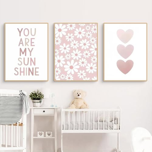 Ueiwffzo 3er Set Poster & Kunstdrucke - Rosa Regenbogen Gänseblümchen Bilder, Kinderzimmer Deko, Ohne Rahmen (A3, 30x40cm)