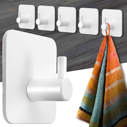 Menz Handtuchhalter ohne Bohren, Badezimmer Handtuchhalter, 6 Stück, Weiß | Edelstahl Klebehaken, funktionale Haken, Haken selbstklebend, Handtuchhaken für Bad, Küche, mit wasserfesten Klebepads