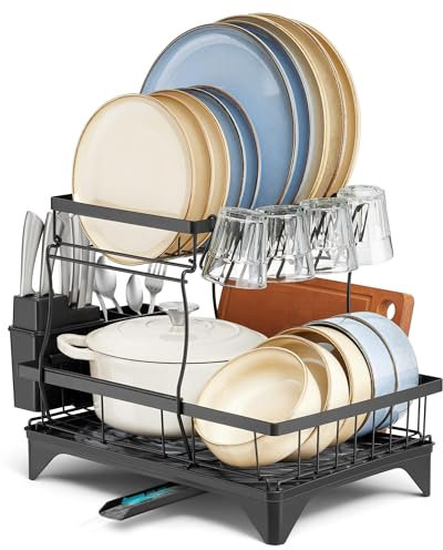 TEAMFAR Abtropfgestell Geschirr, 2-Stufiges Schwarz Abtropfgestell mit Abtropfschale und Abtropfmatte, Geschirrabtropfgestell mit Drehbarem Auslauf, Abtropfständer mit Utensilienhalter für Geschirr