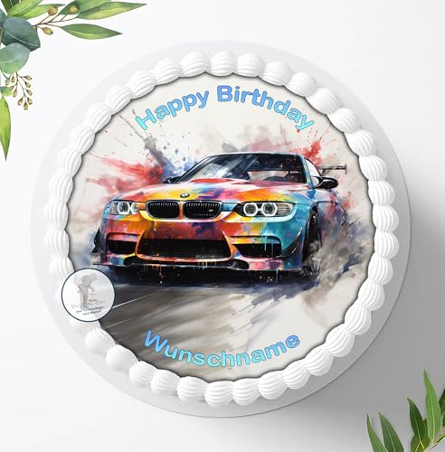 Tortenbild, Zuckerbild Auto, zum Geburtstag Personalisiert mit oder ohne Wunschnamen, Essbares Foto für Torten, Tortenbild zum Geburtstag, Tortenaufleger Ø 20cm - 1927z