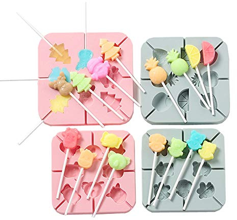 4 Moldes De Silicona Para Piruletas De Frutas Y Animales Con 100 Palitos De Papel, Moldes De Fondant De Forma Linda Para Hacer Piruletas, Decoración Para Tartas De Chocolate Y Caramelo
