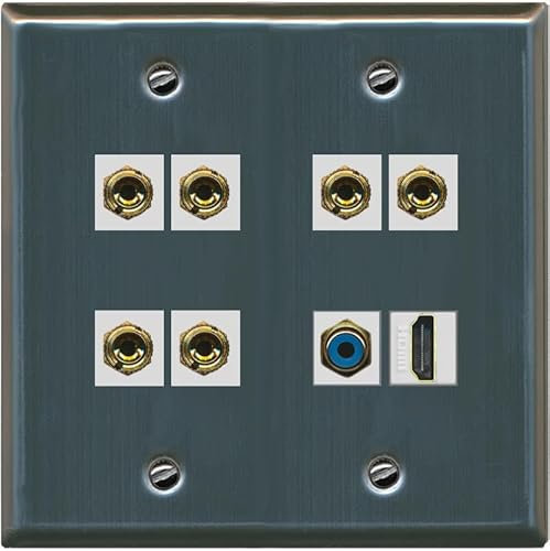 RiteAV 3 altavoces 6 banana Binding Post Wall Plate 1 x RCA y HDMI - Flat 2 Gang [Acero inoxidable]