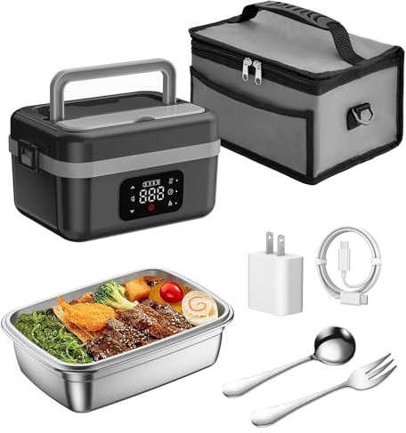 Lunch Box Elettrico Termico Isolante, Lunch Box Portatili, Materiale in Acciaio Inossidabile PP+304, Batteria autoriscaldante Ricaricabile, con Cucchiaio e Borsa per Il Trasporto isolata