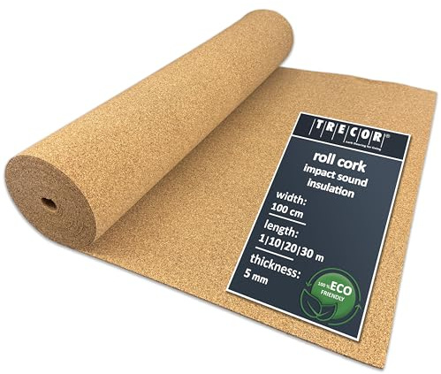 TRECOR Cork Impact Sound Insulation Rolls - Thickness 5 mm - Natural and Ecological Acoustic Impact and Walking Sound Insulation for Laminate and Parquet Floors - You Buy (5 m²)