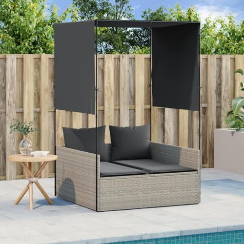 Generisch Doppel-Sonnenliege mit Dach und Vorhängen Hellgrau Poly Rattan,jiangboyue-4002760