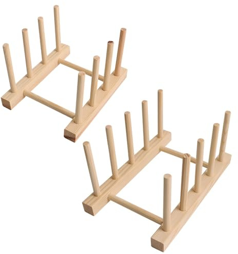 XcnPer 2Pcs Wooden Plate Rack, Different Sizes Plate Organiser for Kitchen Cupboard, Kitchen Cabinet Storage Rack, Can Be Used as a Wooden Shelf for Pot Lids/Plates/Cups
