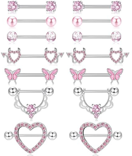 XFSRG 7 Paar 14G Nippelpiercing Set aus Chirurgenstahl Brustwarzenpiercing und Zungenpiercing Rosa Zirkonia Schmetterling Herz Barbell Nipple Piercing für Frauen Mädchen