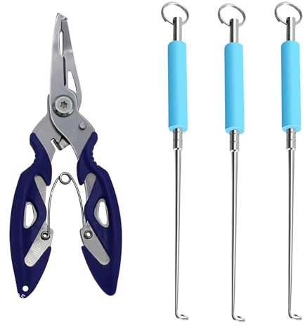 4PCS Fish Hook Remover Tool Kit With Fishing Plier, 3 Pack Disgorger Fishing Tools And 1 Blue Pliers, Fishing Hook Quick Release Device For Freshwater And Saltwater, Easy To Use With Non-Slip Handle