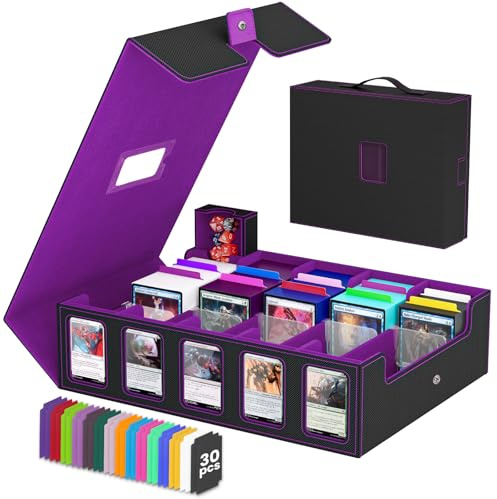 Trading Card Storage Box, 5 Row Card Deck Case with Commander Display & Portable Handle, 4200+ Card Deck Boxes Compatible for MTG TCG Magic Cards, 30 Divider, 8 Supporters, 1 Dice Tray(Black & Purple)