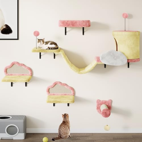 YITAHOME Kletterwand Katzen Set aus Flanell, 6-Teiliges Stabiler Katzenmöbel mit Katzenhaus, Katzenbett, Katzenhängebrücke, Sisalsäule, Katzenspielzeug, für Katze Schlafen Spielen Lounging