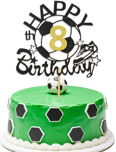 Football Happy 8th Birthday Cake Topper, Glitter Gold Number 8 Soccer Cake Toppers Decoration for Kids Boys’ Sports Theme Party Supplies