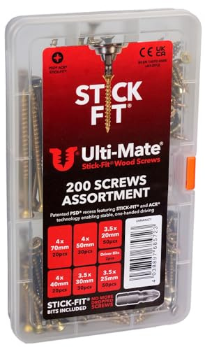 Ulti-Mate Stick-Fit Woodscrews - Mini Case Assortment - 200 pcs (Zinc & Yellow Plated)