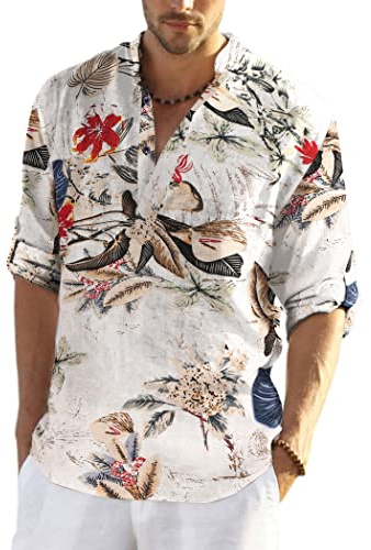 COOFANDY skjorta herr långärmad linneskjorta bomull Henley-skjorta casual normal passform sommarskjorta