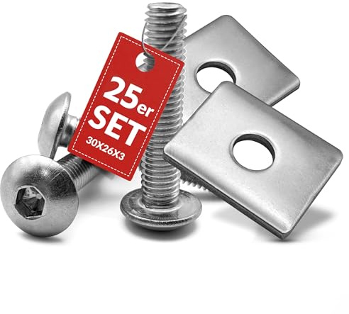 Qualinos 25x Doppelstabmattenzaun Set Klemmplatte + Schraube, 30x26x3 mm | 3mm starkes Edelstahl-Duo, entgratet und poliert, Vollgewinde für dauerhaften Halt, passend zu gängigen Klemmböcken