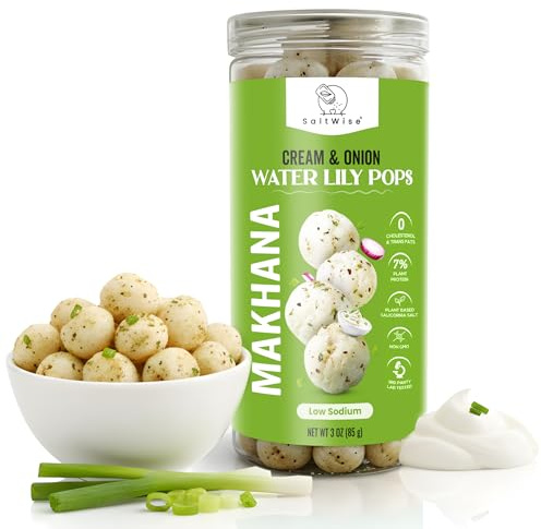 SaltWise Roasted Water Lily Pops Makhana (Fox Nuts/Lotus Seeds), Cream & Onion Flavor, Plant-Based Crunchy Healthy Snack, Low Sodium, Vegan, Gluten Free & Non-GMO