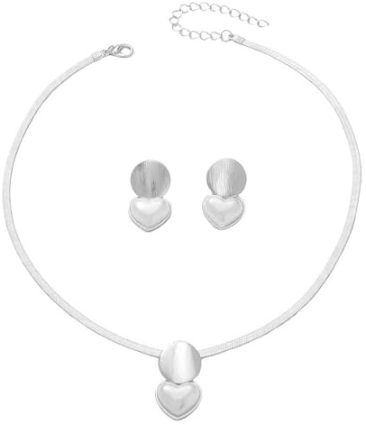 Cubahop Set med runda hjärthänge och hjärtformade örhängen, örhängen, imitationspärlor, platt kedja av ormben, justerbart tillbehör för kvinnor, taille unique, Metall, Ingen ädelsten