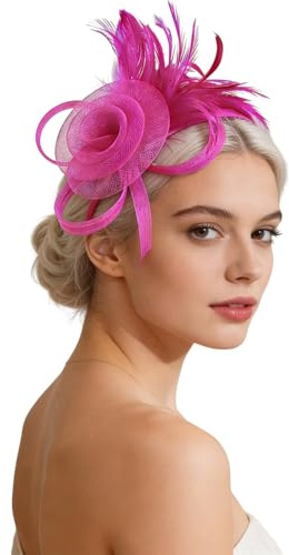 Fascinator for Women – Floral Mesh Wedding Guest & Tea Party Headpiece, Detachable Feather Hair Clip & Headband, Gift Ready Women's Accessor (Hot pink)