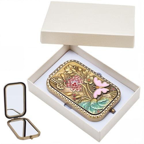 SOFPLATE Vintage Faltbarer Kompakt Schminkspiegel Mit Normaler Und Vergrößerungslinse Doppelseitig Mit Schmetterlings Und Rosenmuster Retro Design Mini Schminkspiegel Mit Blumennmuster Ideal Für Frau