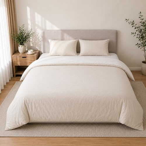 VelvetMis King Size Duvet Cover Set - 3Pcs Reversible Bedding Bed Set Beige And White Kingsize Microfiber Quilt Cover With 2 Pillowcases 50x75cm