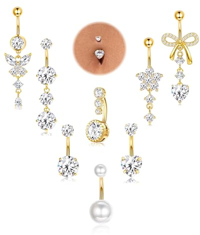 Milacolato 8stk Bauchnabelpiercing Chirurgenstahl Set Herz Blume 14G 10mm | Gold Silber Bauchnabelpiercing Ring CZ Herz Blume Schmetterling 14G Nabelpiercing Piercing Bauchnabel Lang Schmuck Set