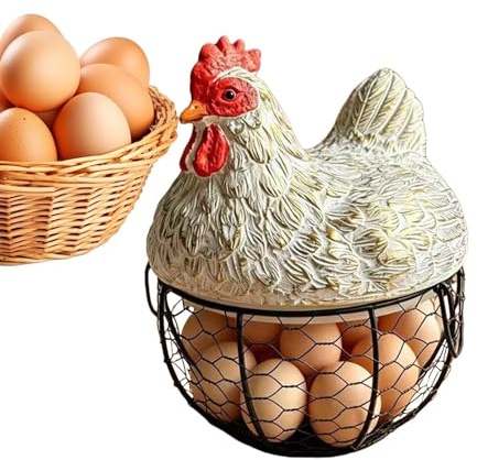 Huevera Gallina Contenedor Decorativo Rústico, Tapa Con Diseño De Gallina | Cuenco Portahuevos Para Encimera para Cocina, Encimera, Salón, Mesa de Granja, Jardín, Mercado, Armario, Despensa