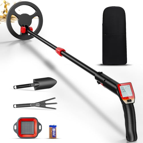 Detector Metales Niños, Ligero Detector de Metales para Niños con Mango Ajustable de 66-83CM, Pantalla LCD y Bobina de Búsqueda Impermeable, Alta Sensibilidad con Pala Rastrillo Tamiz Bolso(Rojo)