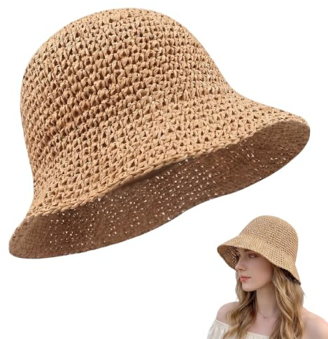 Hatt damer sommarhatt – solhatt damer vikbar med brett brätte, solskydd strandhatt damer, packbar slapphatt för semester och resor, khaki