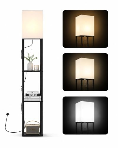 Amveya Lampada da Terra Salotto, Piantana Lampada da Terra con Ripiani, 3 Temperature di Colore 3000-6500K, Lampada da Terra LED con Lampadina E27, Lampada Soggiorno per Camera da Letto Ufficio, Nera