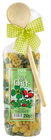 Bull & Bear bunte Kleeblatt Nudeln, 250g, Motivnudeln aus Hartweizengrieß, handgefertigt in deutscher Manufaktur, Pasta Geschenk, inkl. Holzlöffel